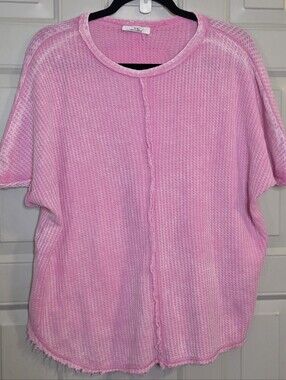 Zenana Outfitters - Pink Waffle Textured Knit Dolman Sleeve Tee
